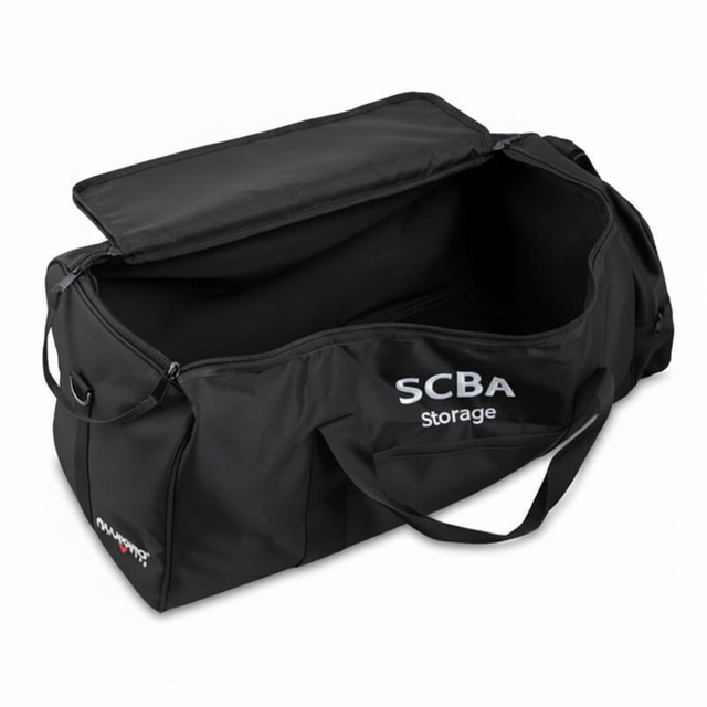 The Allegro SCBA Storage Bag 4100-45 by Allegro is a large black bag with "SCBA Storage" in white, zippered top opening, internal padding, reinforced handles, and comes empty and open.