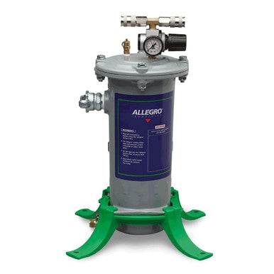 The Allegro Airline Filter, Regulator with a cylindrical metal body prominently labeled "ALLEGRO," includes a pressure gauge and valve on the top. This pot-style filter stands on a robust green base, ensuring the management of breathing-grade compressed air quality in various environments while adhering to OSHA regulations.