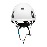 Front view of the PIP EVO ALTA Ascend Type II Non-Vented Helmet 280-EVOALT, a white industrial climbing helmet with black accents. It features an ABS shell and an EPP foam impact liner, designed with adjustable straps and a chin strap for secure fastening.