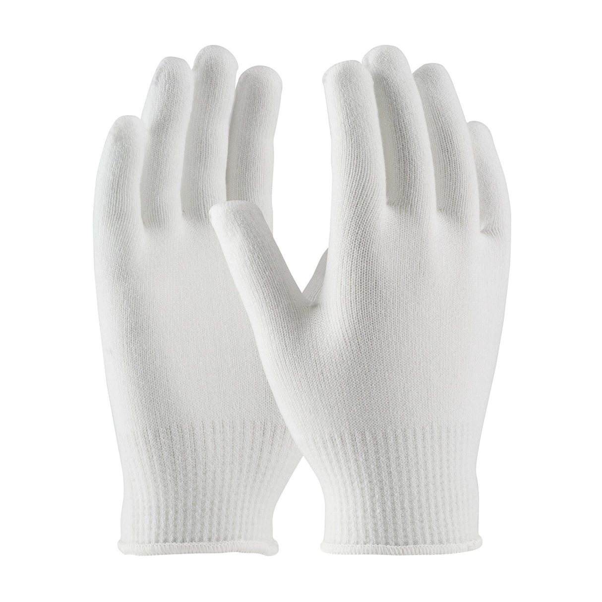 A pair of PIP Seamless Knit Thermal Yarn/Elastane Gloves 41-002 in white is displayed against a plain background. Crafted by Protective Industrial Products, these gloves feature ribbed cuffs and a soft blend of thermal yarn, making them perfect cold-weather work gloves for protection or handling delicate items.