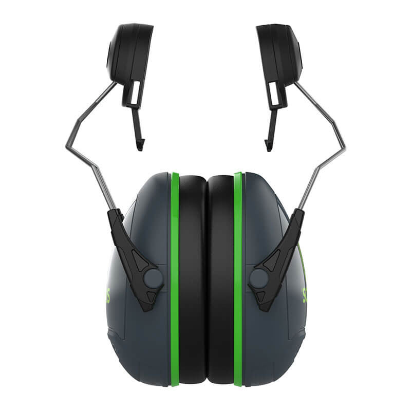 The PIP Sonis1 Cap Mounted Passive Ear Muff 62-AEB010-CM by Protective Industrial Products is showcased in black and green with an adjustable metal headband arm, displayed in a straight, vertical position against a white background.