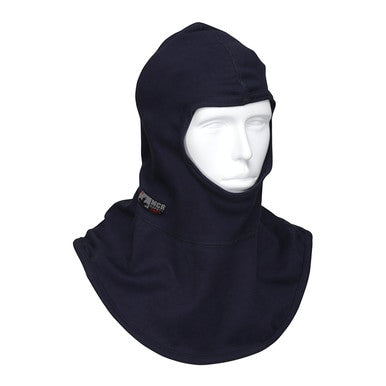 A white mannequin head showcases the MCR Safety FR Westex True Comfort Balaclava Navy BLCVTCN, featuring a smooth fabric texture that exemplifies protective headwear. The balaclava leaves only the eyes, nose, and mouth visible while a small logo patch on the side emphasizes its importance as essential safety equipment.