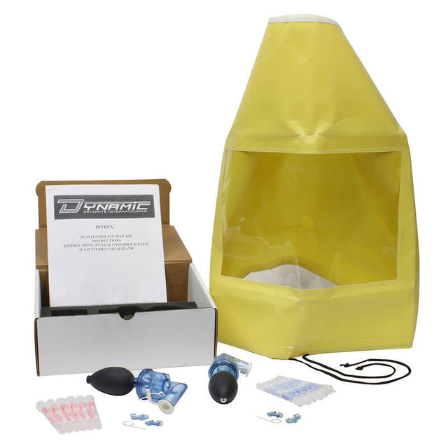 PIP Dynamic Respirator Fit Test Kit 270-RPFITBITREX by PIP - Protective Industrial Products comes with an open box containing a yellow dental air abrasion system kit, which includes a protective hood, air nozzle, filters, small tools, and instructions. Additional items such as ear plugs and a bulb blower are provided. This kit is ideal for dental or laboratory use and complies with OSHA standards.