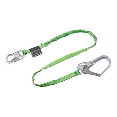 The Manyard Shock Absorbing Lanyard Rebar Hook 219TWRS-Z7/6FTGN, from the Miller Fall Protection collection, is a green lanyard equipped with metal hooks on both ends. It offers slight elasticity and shock absorption, featuring a standard hook and an enlarged scaffold hook to improve safety during use.