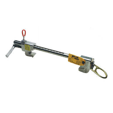 The Miller Shadow Fixed Beam Anchor 8815-12 from Miller Fall Protection is a metal device with a long, cylindrical body featuring a clamp at one end and a hook at the other. It's ideal for fall protection and includes a red pull handle with a yellow label attached to the body, making it perfect for use during at-height welding tasks.