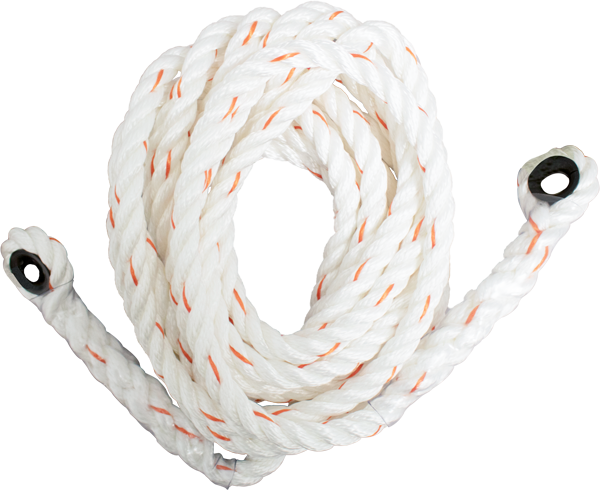 The French Creek Production Polyblend Synthetic Rope Lifeline 121-2T-25, characterized by its sturdy 3-strand construction, includes eye splices at both ends and orange flecks for reliability.