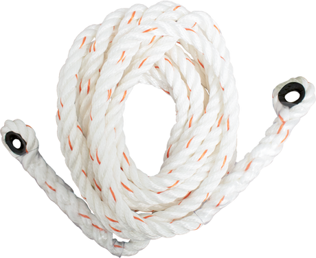 The French Creek Production Polyblend Synthetic Rope Lifeline 121-2T-25, characterized by its sturdy 3-strand construction, includes eye splices at both ends and orange flecks for reliability.