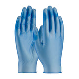 A pair of PIP Ambi-dex Industrial Disposable Vinyl Powder Free Gloves 64-V77BPF, in blue and FDA compliant for food handling, is positioned upright against a light background.