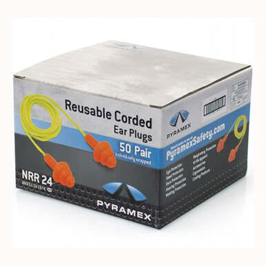 A box of Pyramex RP3001 Series Reusable Corded Earplugs contains 50 individually wrapped pairs with an NRR of 24dB. The packaging is primarily black and gray, showcasing images of the orange earplugs with yellow cords, highlighting their flexible rubber flanges. For more information, visit the Pyramex Safety website at PyramexSafety.com.