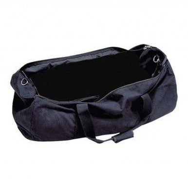 The Allegro SCBA Storage Bag 4100-45 by Allegro is a black duffel bag featuring reinforced handles and an open top that reveals a spacious, padded interior. Crafted from sturdy material, it includes metal rings at the corners for additional attachments, making it the perfect choice for carrying SCBA equipment.