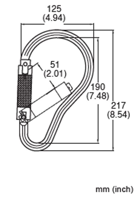 Technical drawing of the French Creek Steel Twist-Lock Carabiner 62R designed for fall protection, with dimensions in millimeters and inches. It measures 217 mm (8.54 inches) in height, 125 mm (4.94 inches) in width, and has an opening of 51 mm (2.01 inches), compliant with ANSI Z359 standards from French Creek Production.