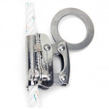 The Miller Stainless Steel Rope Grab, 8174/U, by Miller Fall Protection, is a silver mechanical device used with a white rope for enhanced fall protection in climbing and work safety scenarios.