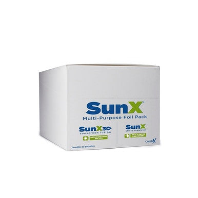 A white box labeled "Coretex SunX SPF30 Sunscreen Multi-Purpose Foil Pack 200/Case" showcases logos for "SunX Sunscreen Lotion SPF 30+ with broad spectrum UVA/UVB protection" and "SunX Insect Repellent." The packaging is minimalist, featuring blue and green text on a plain background.