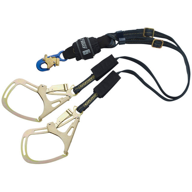 The DBI-SALA Force2 Adjustable Shock Absorbing Lanyard 1246352 from 3M DBI-SALA Fall Protection includes a shock absorber and Vectran Energy Management. It features two large gold-colored hooks and adjustable straps, while the blue carabiner provides secure connections, making it an ideal choice for safety and reliability.