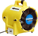 The yellow Euramco RamFan UB20 8 in. 115V Blower and Exhauster, commonly referred to as the TurboForce ventilator, is equipped with a black fan cover and electrical cord. Designed with high-pressure axial capabilities, it has a convenient top handle and a black directional arrow for effortless portability.