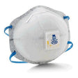 Close-up of the 3M 8576 P95 Nuisance Odor Relief Particulate Respirator, highlighting its white design with blue elastic straps and a central exhalation valve. This NIOSH-approved respirator, featuring 3M's Cool Flow design, provides enhanced respiratory protection. The slightly curved mask showcases text on the valve.