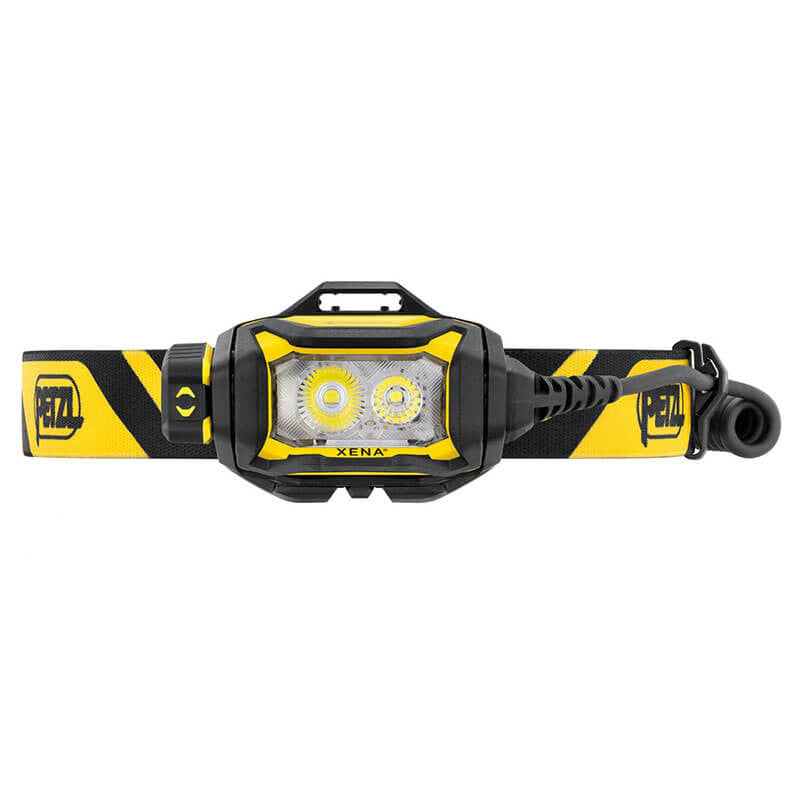 The Petzl XENA Rechargeable Headlamp E004BA00 is a black and yellow headlamp with dual LED lights, affixed to an adjustable headband showcasing the Petzl brand logo. Perfect for industrial professionals, it comes with a black cable extending from the side.