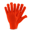 The PIP Seamless Knit Thermastat 13G Gloves in bright orange, from Protective Industrial Products, are shown with one glove placed atop the other and fingers spread out to highlight their seamless construction. Their ribbed cuffs enhance the unique design against a plain white background.