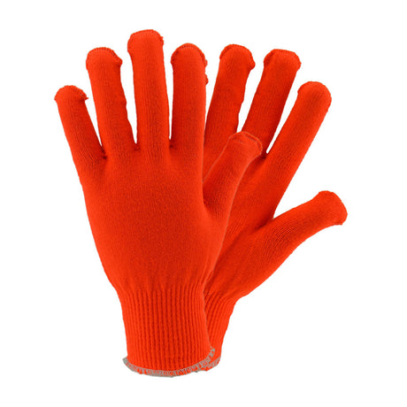 The PIP Seamless Knit Thermastat 13G Gloves in bright orange, from Protective Industrial Products, are shown with one glove placed atop the other and fingers spread out to highlight their seamless construction. Their ribbed cuffs enhance the unique design against a plain white background.