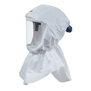 The 3M S-655 S-Series Hood Assembly with Head Suspension and Inner Collar is a white protective hood featuring a clear face shield and attached fabric cover. Commonly used for safety in medical or laboratory settings, it includes a ventilation unit at the back to ensure comfortable airflow as part of a Powered Air Purifying Respirator system.