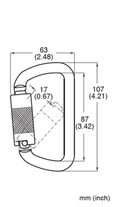 Technical diagram of the French Creek Steel Twist-Lock Carabiner 354-1, by French Creek Production, with exact measurements: 63 mm (2.48 inches) in width, 107 mm (4.21 inches) in height, and another dimension measuring 87 mm (3.42 inches). A smaller section measures 17 mm (0.67 inches). All measurements are provided in both millimeters and inches.