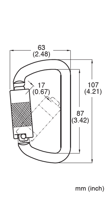 Technical diagram of the French Creek Steel Twist-Lock Carabiner 354-1, by French Creek Production, with exact measurements: 63 mm (2.48 inches) in width, 107 mm (4.21 inches) in height, and another dimension measuring 87 mm (3.42 inches). A smaller section measures 17 mm (0.67 inches). All measurements are provided in both millimeters and inches.