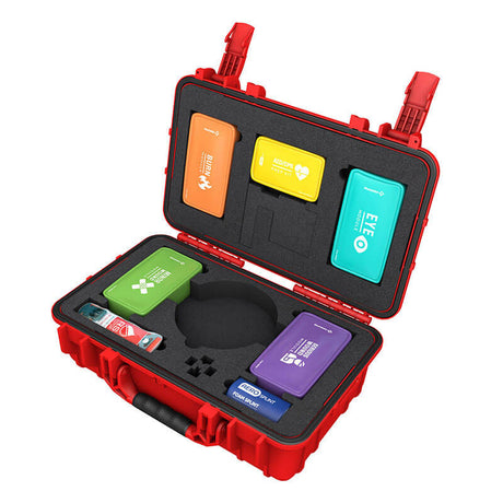 Introducing the Aero Healthcare Modulator Trauma Kit w/o AED M600: This red trauma first aid kit is designed with various colored, weather-resistant compartments labeled for burns, stings, BLEEDING, eye injuries, and CPR. Each item is secured with protective foam padding that fits them perfectly. It also features convenient red latches and a handle for easy carrying.