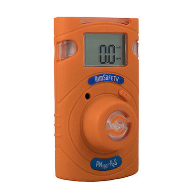 An orange AimSafety H2S Single Gas Monitor PM100-H2S features a digital display showing "0.0 ppm." This portable device includes buttons and a protective casing for dependable hydrogen sulfide detection.