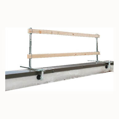 The French Creek Portable Guardrail System GR200 from French Creek Production combines metal and wooden elements, mounted on a steel beam. This system includes two parallel wooden bars secured to metal posts for effective fall prevention and safety along the beam. Perfect for various parapet installations, it offers an ideal mix of durability and practicality.