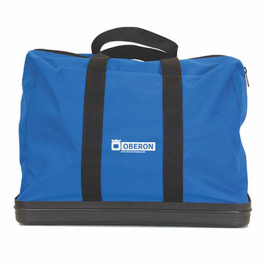 The Oberon Deluxe Arc Flash Kit Storage Bag KITBAG features a blue fabric exterior, complemented by black handles and a robust hard plastic bottom. "Oberon" is emblazoned in white on the side, combining style with practicality. It is ideal for securely transporting an arc flash kit.