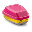 Image of the 3M 60923 P100 Organic Vapor / Acid Gas Filter (Pair), featuring a pink and yellow color scheme. This filter cartridge is expertly crafted for protection against certain particulates and gases, making it ideal for use with respirators. It offers robust filtration similar to that of a HEPA filter.