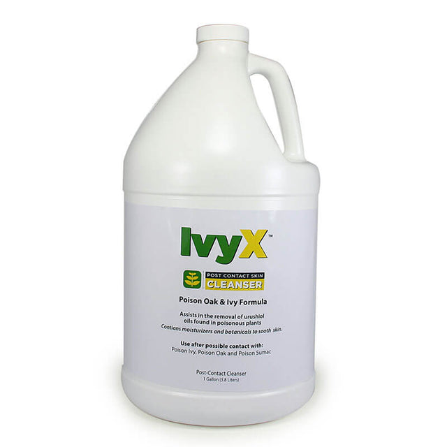 The Coretex Ivy X Post-Contact Skin Cleanser in a white gallon jug, offered by PK Safety Supply and labeled for easy pouring, is specially formulated to combat oils from poisonous plants like poison ivy and oak, effectively aiding in their removal from your skin.