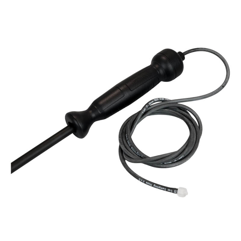 A black handheld WatchGas Fixed Carbon Fiber Probe with Teflon Insert, featuring a long, flexible carbon fiber cable ending in a small camera tip. Designed for industrial sampling and inspections, the coiled cable sits next to the handle.