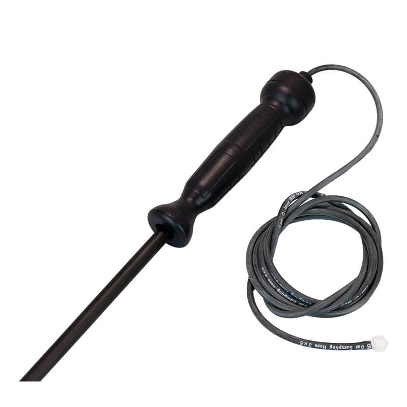 The WatchGas Fixed Carbon Fiber Probe w/Teflon Insert by WatchGas is a black carbon fiber probe featuring a long handle and a coiled cable with a connector, designed for industrial sampling or integration with gas detection equipment.