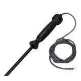 The WatchGas Fixed Carbon Fiber Probe w/Teflon Insert by WatchGas is a black carbon fiber probe featuring a long handle and a coiled cable with a connector, designed for industrial sampling or integration with gas detection equipment.