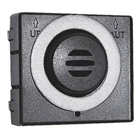 A black rectangular push button switch with a white circular ring and a horizontal line symbol, labeled "UP" and "AUT" with arrows, designed for use with the Vulcain Honeywell Analytics E3Point Sensor Cartridge.