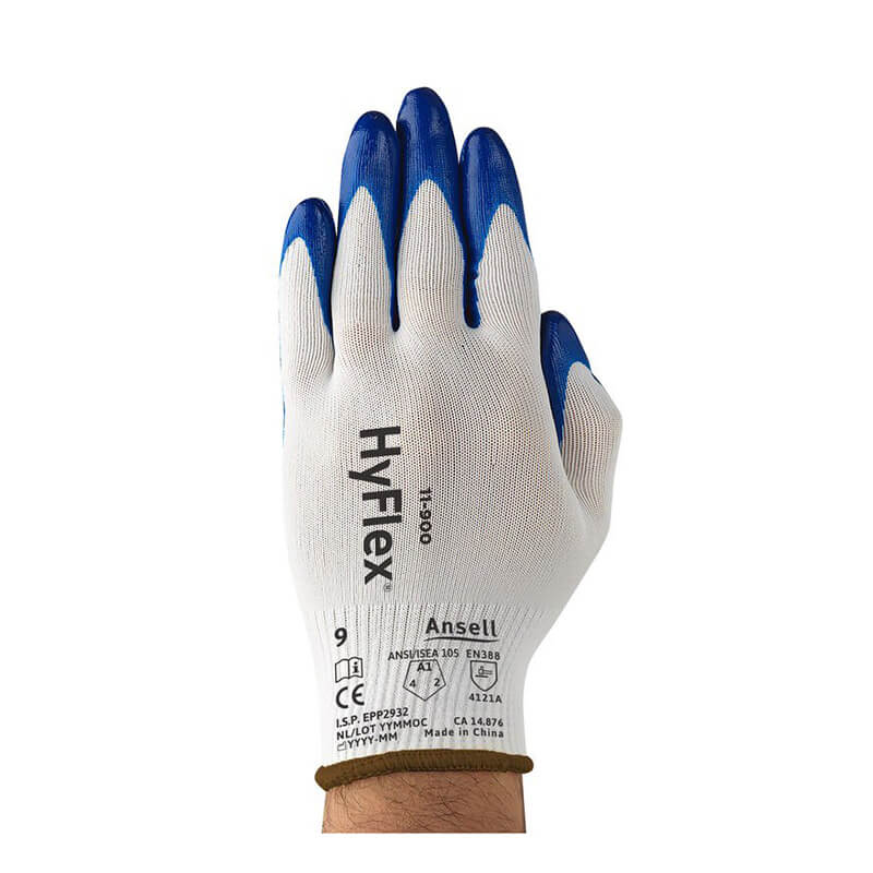 A hand wearing a white Ansell HyFlex Nitrile Dipped Glove 11-900 with blue fingertips and printed text, featuring a durable nitrile coating for enhanced abrasion resistance, is shown palm down against a white background.