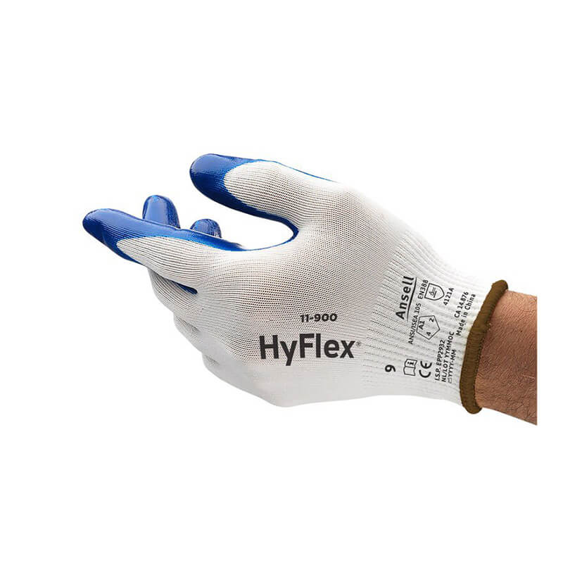 A person is shown wearing an Ansell HyFlex Nitrile Dipped Glove 11-900, a durable work glove from Ansell known for its abrasion resistance and nitrile coating, with blue fingertips visible against a white background.