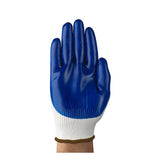 A hand wearing an Ansell HyFlex Nitrile Dipped Glove 11-900, recognized for its abrasion-resistant nitrile coating, is held upright against a plain white background.