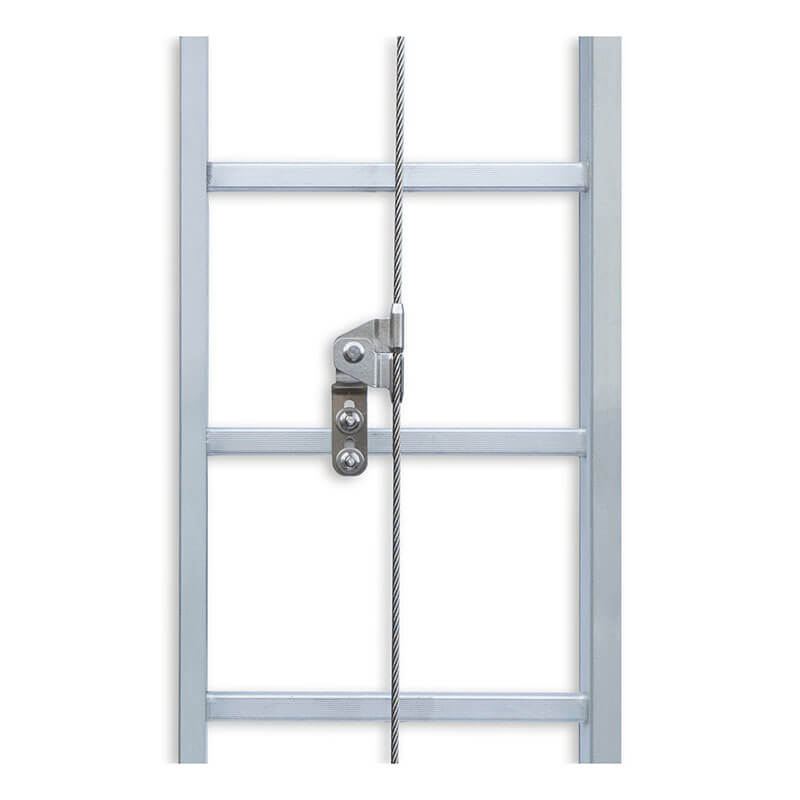 A close-up of a metal ladder with horizontal rungs featuring the Frontline Ladder Cable Vertical Lifeline System VLCS by Frontline Fall Protection, highlighting the center clamp mechanism for fixed ladder safety.