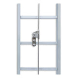 A close-up of a metal ladder with horizontal rungs featuring the Frontline Ladder Cable Vertical Lifeline System VLCS by Frontline Fall Protection, highlighting the center clamp mechanism for fixed ladder safety.