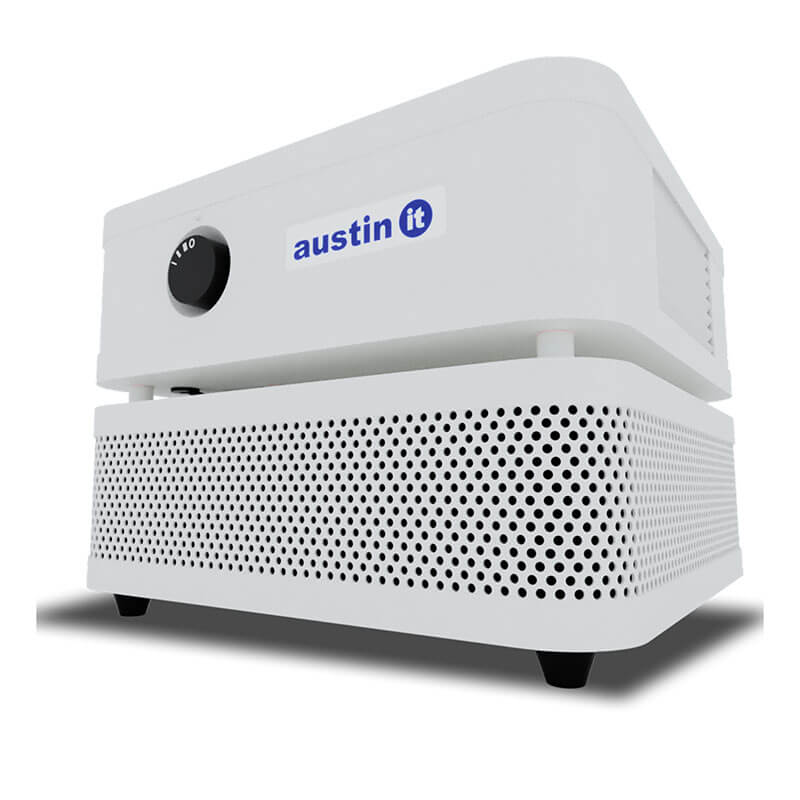 The Austin Air Systems "it" Machine C100 is a compact white rectangular air purifier with a black circular dial, bottom ventilation holes, and four small feet for effective removal of airborne particles.