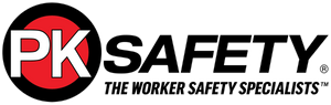 Logo for PK Safety with a black circle containing "PK" in white and red. Next to the circle, the words "SAFETY" in bold black letters followed by "The Worker Safety Specialists" in smaller text.