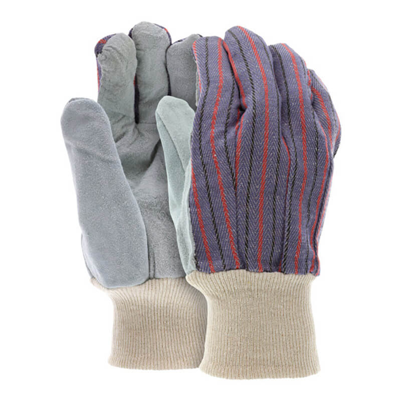 MCR Safety Memphis Economy Leather Palm Work Glove 1040 features grey leather palms and fingers, striped fabric back, and beige knit cuffs. Sold as a pack of 12 pairs.