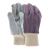 MCR Safety Memphis Economy Leather Palm Work Glove 1040 features grey leather palms and fingers, striped fabric back, and beige knit cuffs. Sold as a pack of 12 pairs.