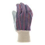 The MCR Safety Memphis Economy Leather Palm Work Glove 1040 (12 pairs) features a gray leather palm, blue and red striped back, and a beige knit cuff, shown upright on a white background.