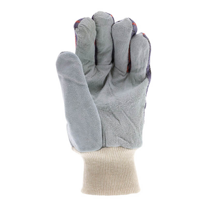 The MCR Safety Memphis Economy Leather Palm Work Glove 1040 (12 pairs) features a textured gray surface and a beige knitted wrist cuff, shown upright with the palm facing forward.