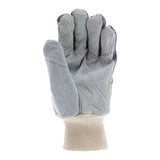 The MCR Safety Memphis Economy Leather Palm Work Glove 1040 (12 pairs) features a textured gray surface and a beige knitted wrist cuff, shown upright with the palm facing forward.