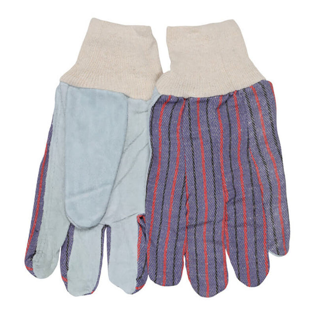 The MCR Safety Memphis Economy Leather Palm Work Glove 1040 features gray suede leather palms, white knit cuffs, and blue fabric backs with red and gray stripes. Sold as a pack of 12 pairs.