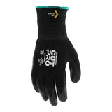 The MCR Safety Memphis Black Kevlar Cut Protection Gloves 9178NF feature "CUT PRO" and safety symbols on the back, a textured grip, green cuff trim, cut-resistant Kevlar technology, and are shown with the palm facing the viewer. Sold as 12 pairs.